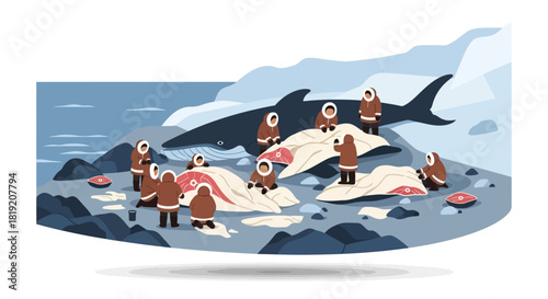 Inuit People Butchering a Whale on an Arctic Shoreline.