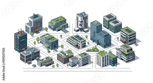 Isometric Cityscape - Sustainable Urban Planning and Green Architecture.