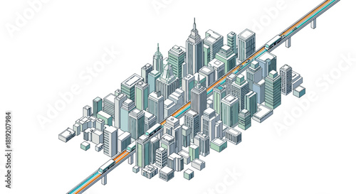 Isometric Cityscape with Elevated Train Line Illustration.