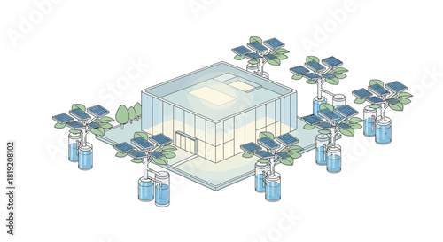 Modern Building with Solar Panels and Battery Storage System.