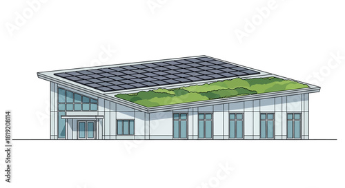 Modern Building with Solar Panels and Green Roof Illustration.