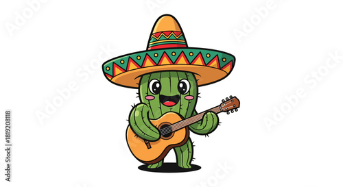 Adorable Cartoon Cactus Mariachi Player Character with Sombrero and Guitar Illustration