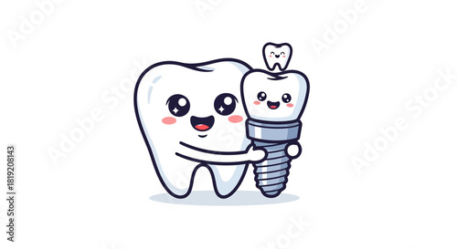 Adorable cartoon tooth embracing an implant with a tiny tooth on top for dental health promotion