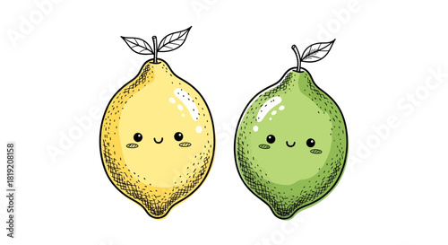 Adorable citrus characters: Playful lemon and lime illustrations with cute smiles and leafy tops