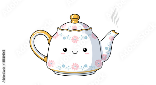 Adorable floral teapot character with steaming spout perfect for tea time illustrations