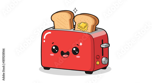 Adorable kawaii toaster with happy face pops up delicious slices for breakfast treat