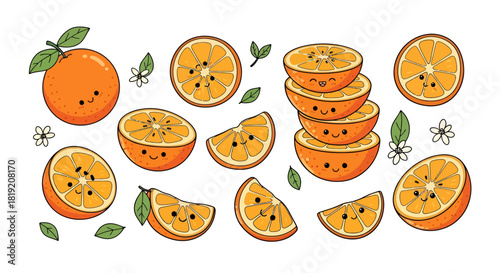 Adorable orange citrus fruits vector illustration featuring playful cartoon faces and botanical