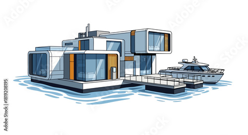 Modern Floating House with Yacht on Water.