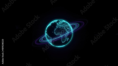 Wallpaper Mural A glowing cyber planet with neon arcs and dotted lines in dark void, earth planet and universe background Torontodigital.ca