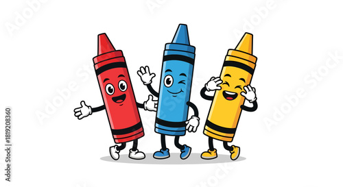 Animated crayons presenting cheerful characters for artful illustrations and designs, showcasing