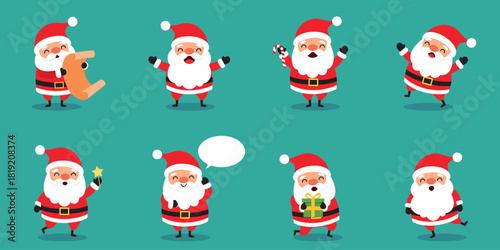 Set of cute smiling Santa Claus characters, cartoon flat vector illustration