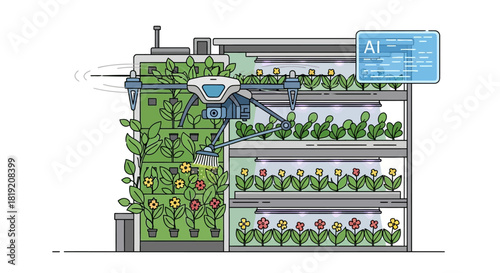Modern vertical farm with AI technology for sustainable agriculture.