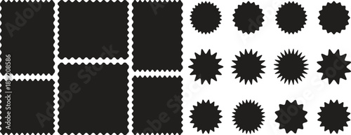 Zigzag edge sticker set for discount labels, badges, and sale tags. Set of zigzag edge frames rectangle shape frame. Postage stamps set. Post stamp frames and borders. Scalloped scallop edge shape. 