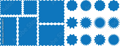 Zigzag edge sticker set for discount labels, badges, and sale tags. Set of zigzag edge frames rectangle shape frame. Postage stamps set. Post stamp frames and borders. Scalloped scallop edge shape. 