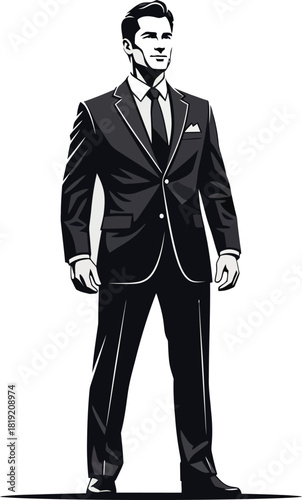 Elegant Professional Portrait: A poised individual, dressed in a sharp black suit and tie, exudes confidence and authority, capturing the essence of professionalism.