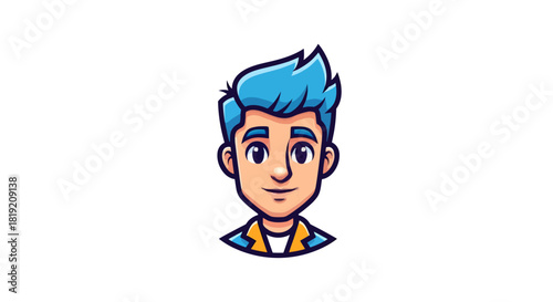 Cartoon character with vibrant blue hair and a friendly expression perfect for branding