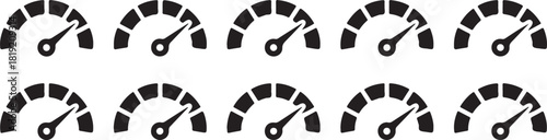 Black gauge icons arranged on a white backdrop exhibit varying measurements with transparent background