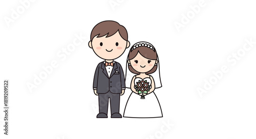 Cartoon illustration of a newly married couple dressed in formal attire on white background