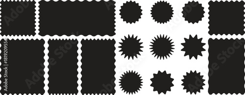 Zigzag edge sticker set for discount labels, badges, and sale tags. Set of zigzag edge frames rectangle shape frame. Postage stamps set. Post stamp frames and borders. Scalloped scallop edge shape. 