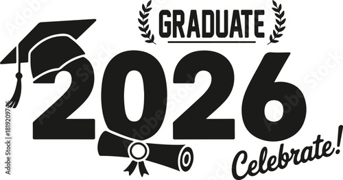 Black graduation year 2026 features a cap, diploma, and celebratory message with transparent background