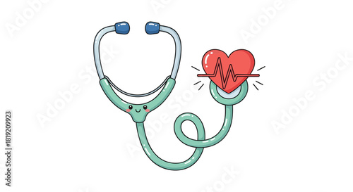 Cartoon stethoscope with heart and heartbeat graph adorable medical illustration