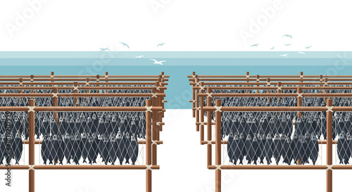 Rows of Fish Drying on Racks Near the Sea.