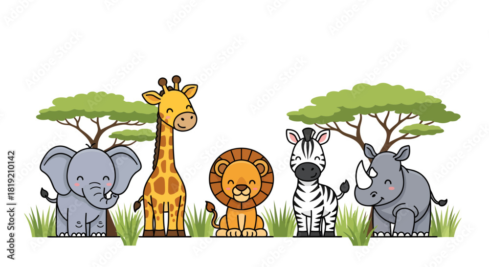 Fototapeta premium Charming African Safari Animals Illustration with Cute Elephant Giraffe Lion Zebra Rhino