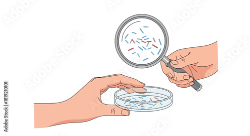 Scientific observation of microorganisms in a petri dish with a magnifying glass.