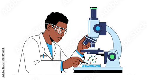 Scientist working with microscope in a laboratory setting.