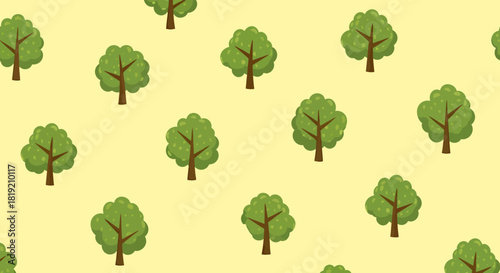 Cartoonish Tree Motif Repeating Pattern with Gentle Yellow Backdrop and Green Foliage