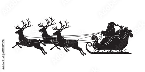Santa claus in sleigh pulled by reindeer silhouette on white background