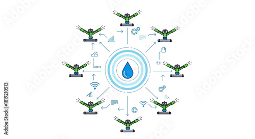 Smart Irrigation System Network with Water Drop Icon.