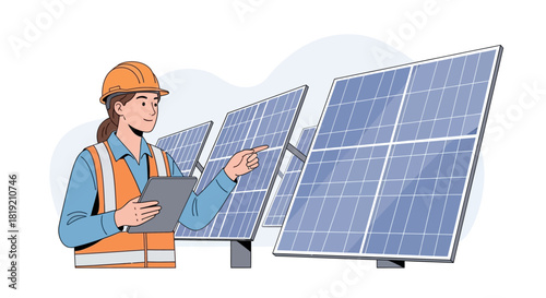 Solar engineer inspecting photovoltaic panels for energy efficiency and performance.