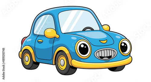 Cheerful cartoon car illustration with expressive eyes and friendly grin driving fun