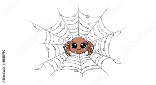Charming spider cartoon illustration on a detailed web with glistening dewdrops enhancing its appeal