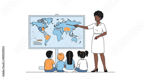 Teacher showing world map to diverse group of young students in a classroom setting.