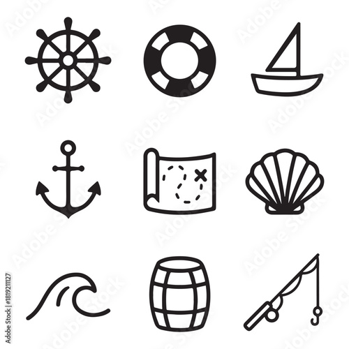 Nautical icon set. featuring wheel, lifebuoy, boat, telescope, anchor, map, shell, compass, wave, barrel, fishing rod vector 
