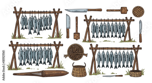 Traditional Fish Drying Racks with Tools and Basket.
