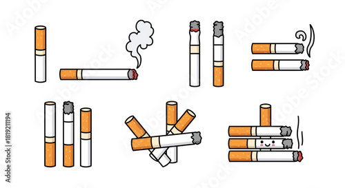 Cigarette Cartoon Illustrations: Diverse Depictions of Cigarettes in a Playful Style