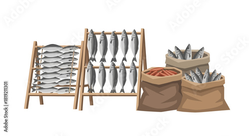 Traditional method of drying fish on wooden racks and storing in burlap sacks.