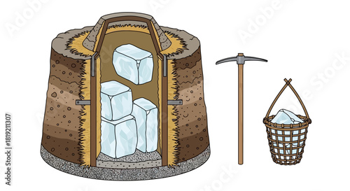 Traditional Ice House Cross Section with Tools.