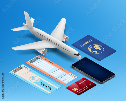 Airplane model, airline tickets, and passport. Isometric projection. Vector illustration.