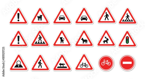Collection of various road traffic warning signs for drivers and pedestrians awareness