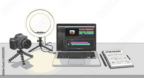Vlogging and content creation equipment setup for a digital creator.