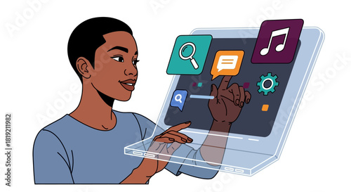 Woman Interacting with Transparent Touchscreen Interface.