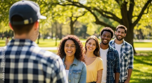 Fototapeta Naklejka Na Ścianę i Meble -  Over-the-shoulder view of a diverse group of happy young friends smiling and laughing together while standing in a row outdoors in a sunny park on a beautiful summer day