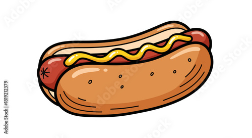 Delicious cartoon hotdog with mustard, perfect for illustrating a fun and tasty meal
