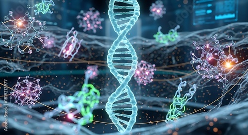 DNA helix structure with surrounding biological molecules, science concept.