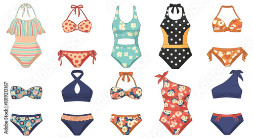 Diverse swimwear collection featuring playful patterns and chic designs for sunny days fashion