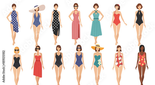 Diverse women in swimwear summer fashion illustration showcasing various body types